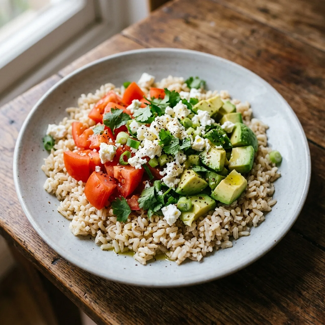 Avocado, Tomato, Feta and Brown Rice Grain Bowl