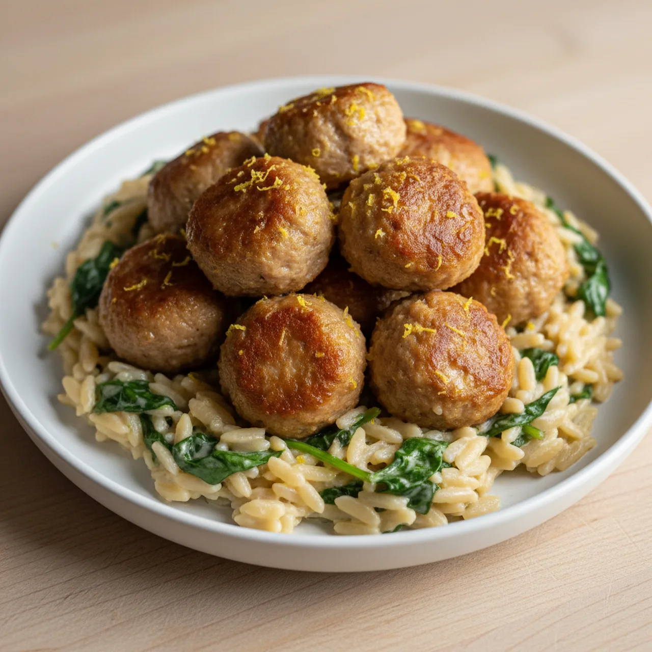 Baked Lemon Butter Chicken Meatballs with Creamy Spinach Orzo