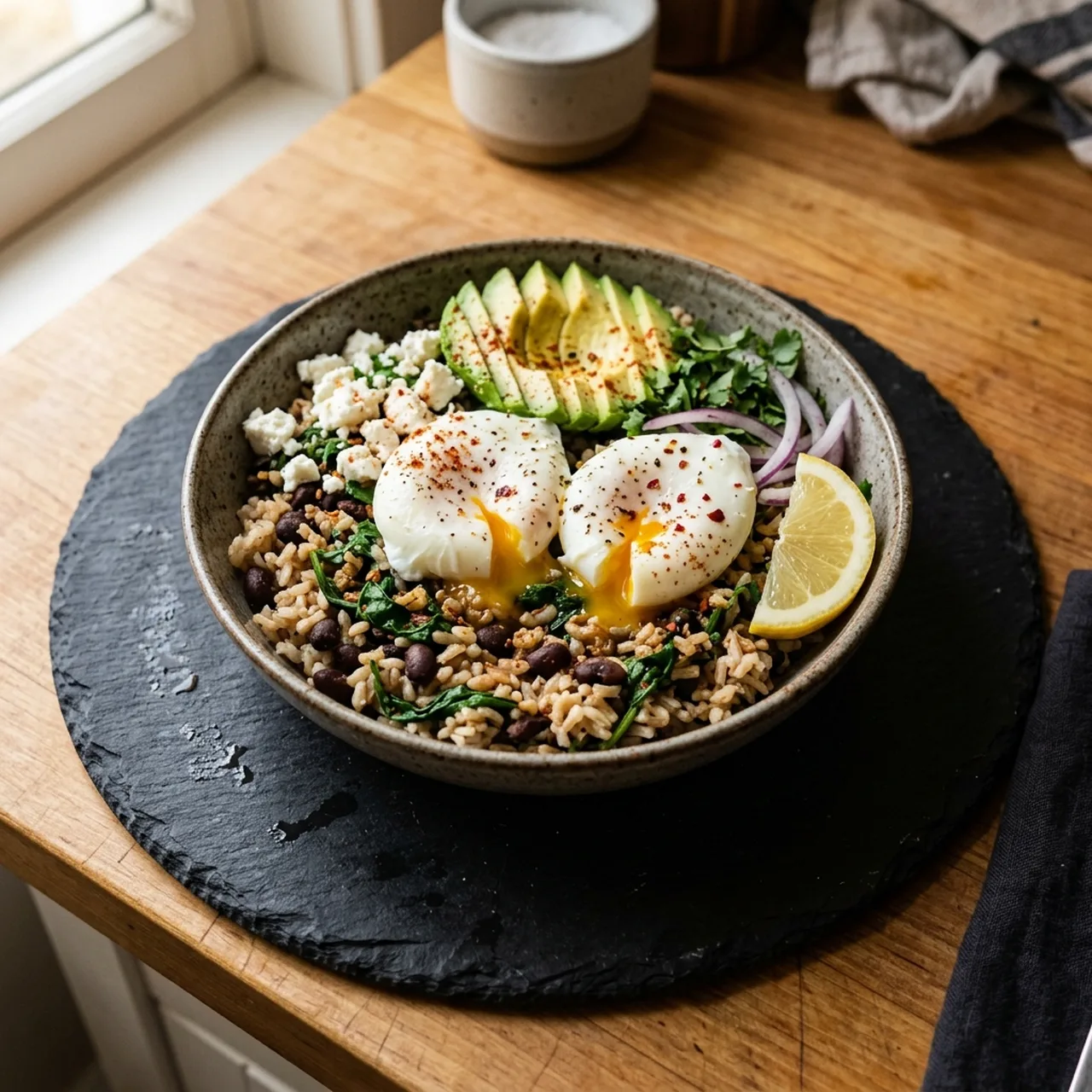 Black Bean and Brown Rice Bowl with Poached Eggs