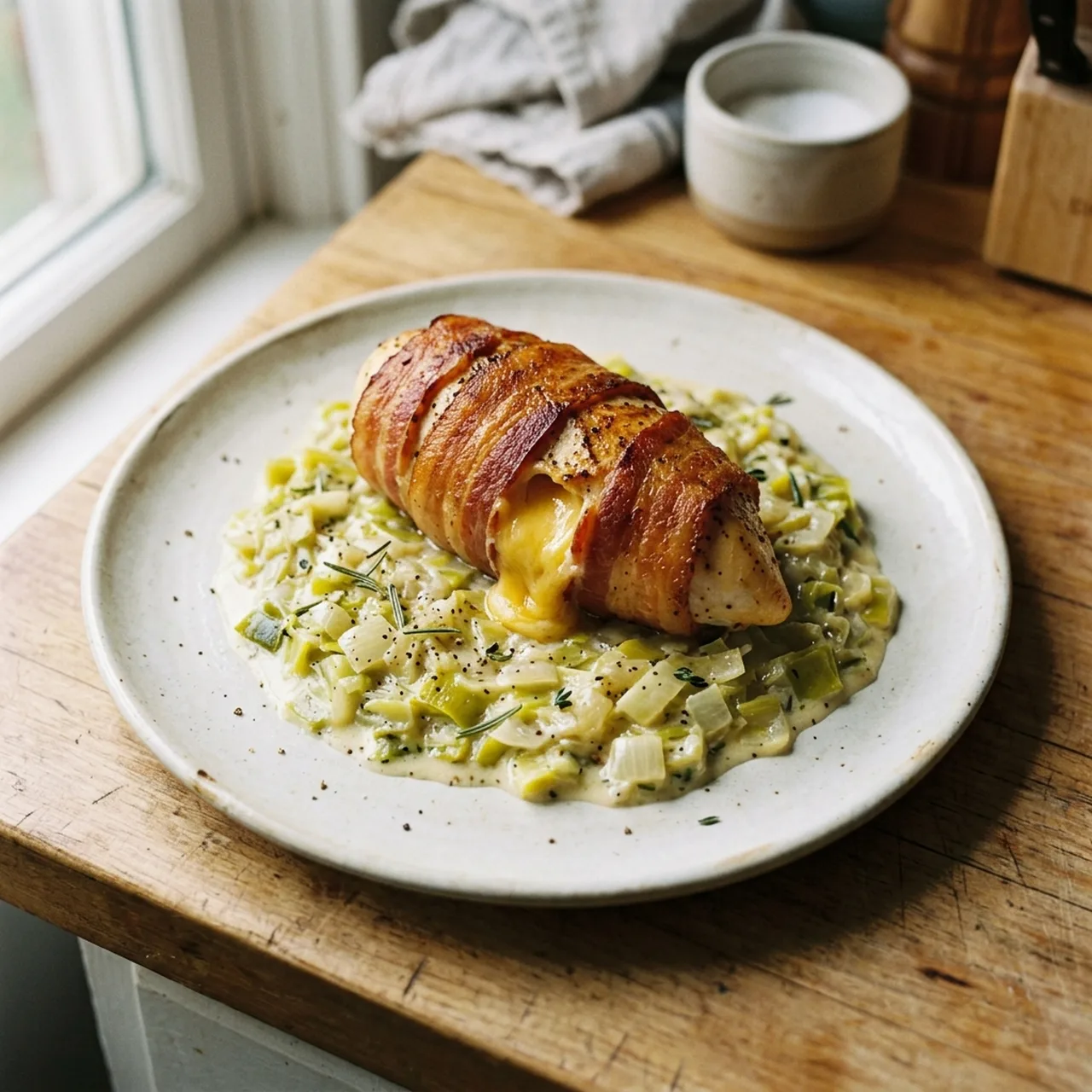 Cheese-Stuffed Chicken Wrapped in Bacon on Creamed Leeks