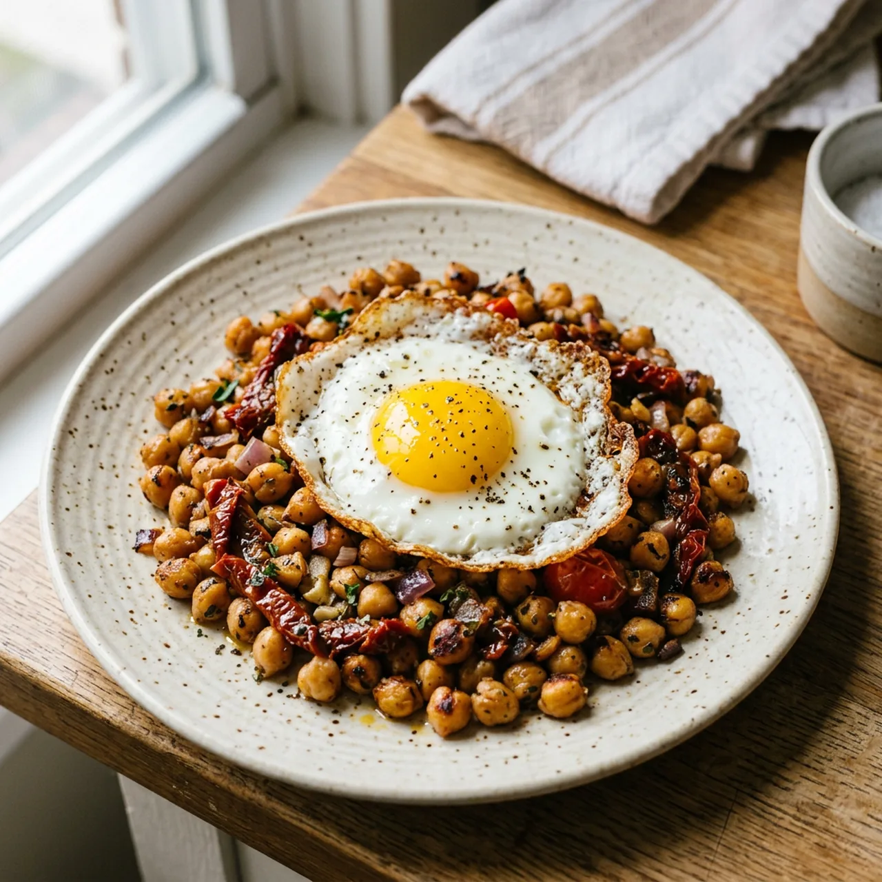 Chickpea& Sun-dried Tomato Skillet with Fried Egg