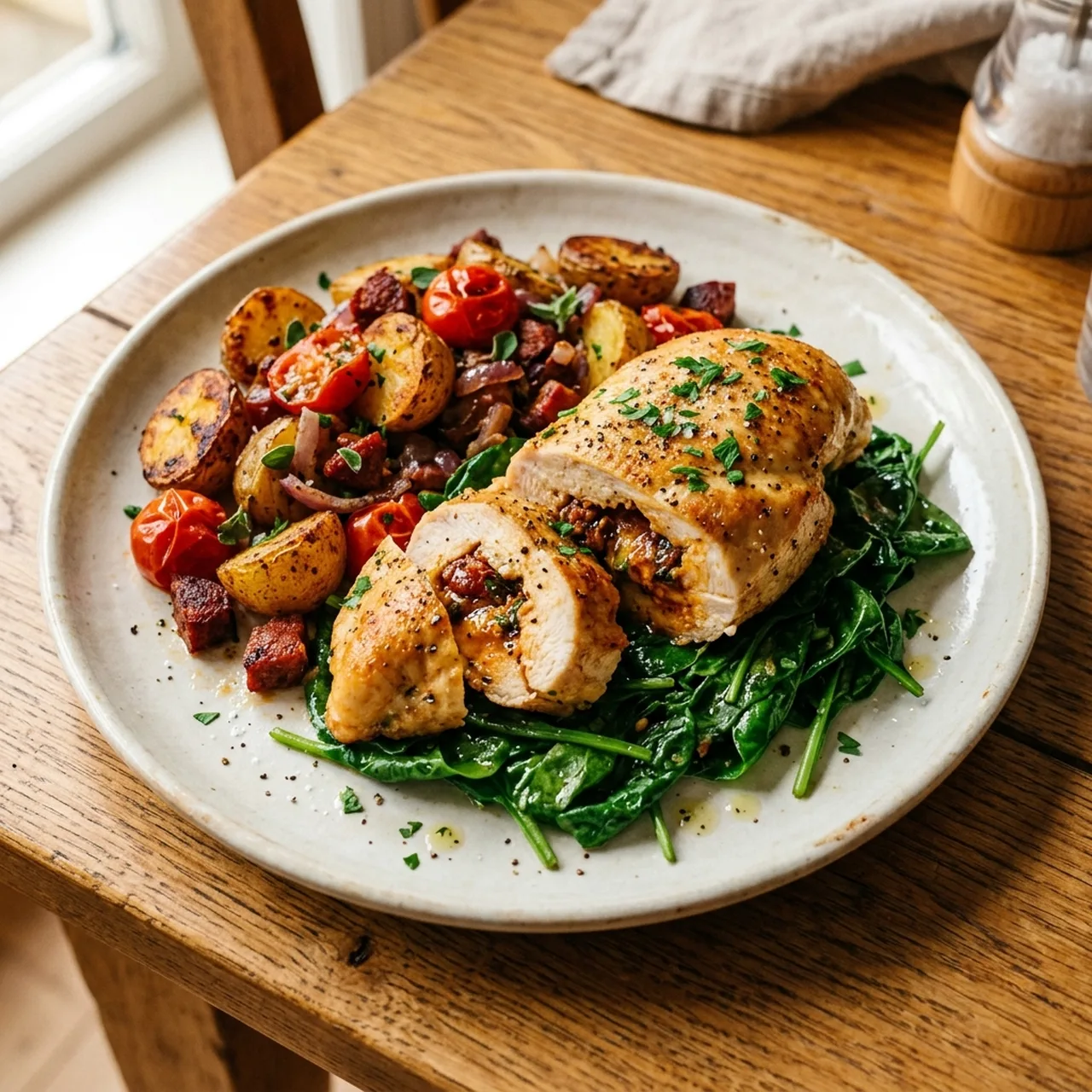 Chorizo Chicken with Sautéed Potatoes and Spinach
