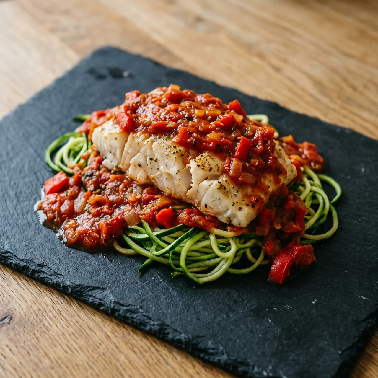 Cod in a Rich Tomato Sauce with Courgetti