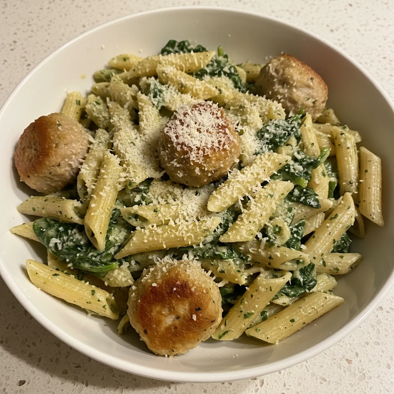 Creamy Spinach Meatballs and Penne