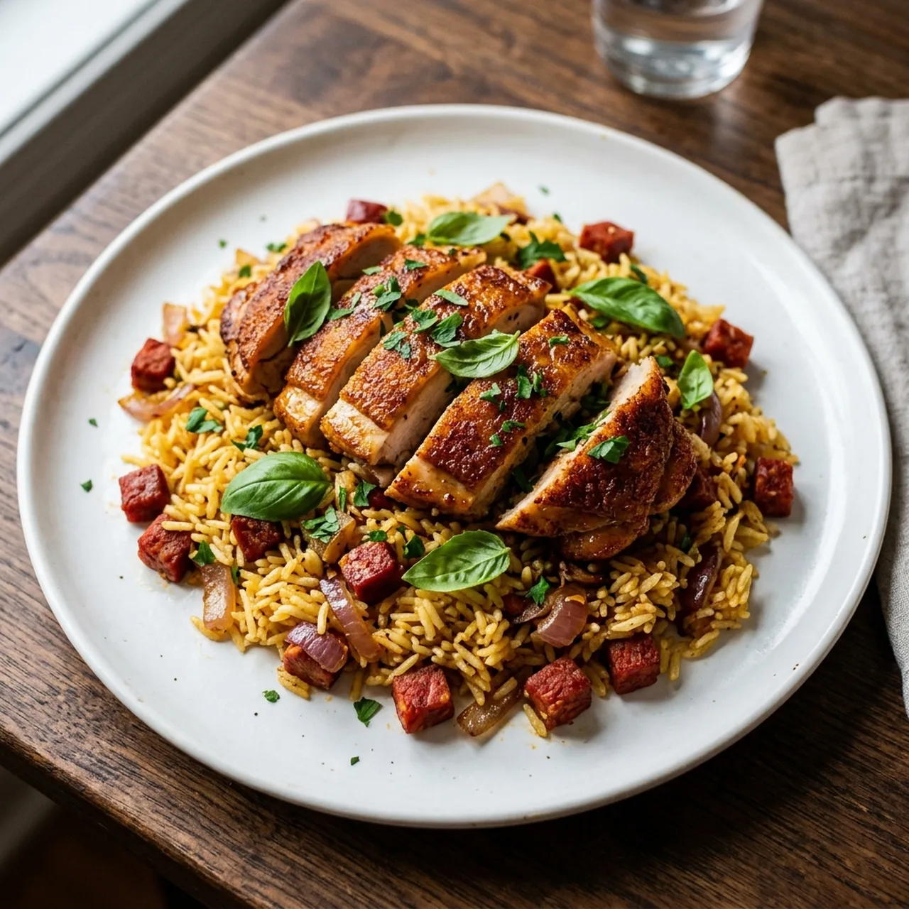 Crisp Paprika Chicken on Chorizo Rice