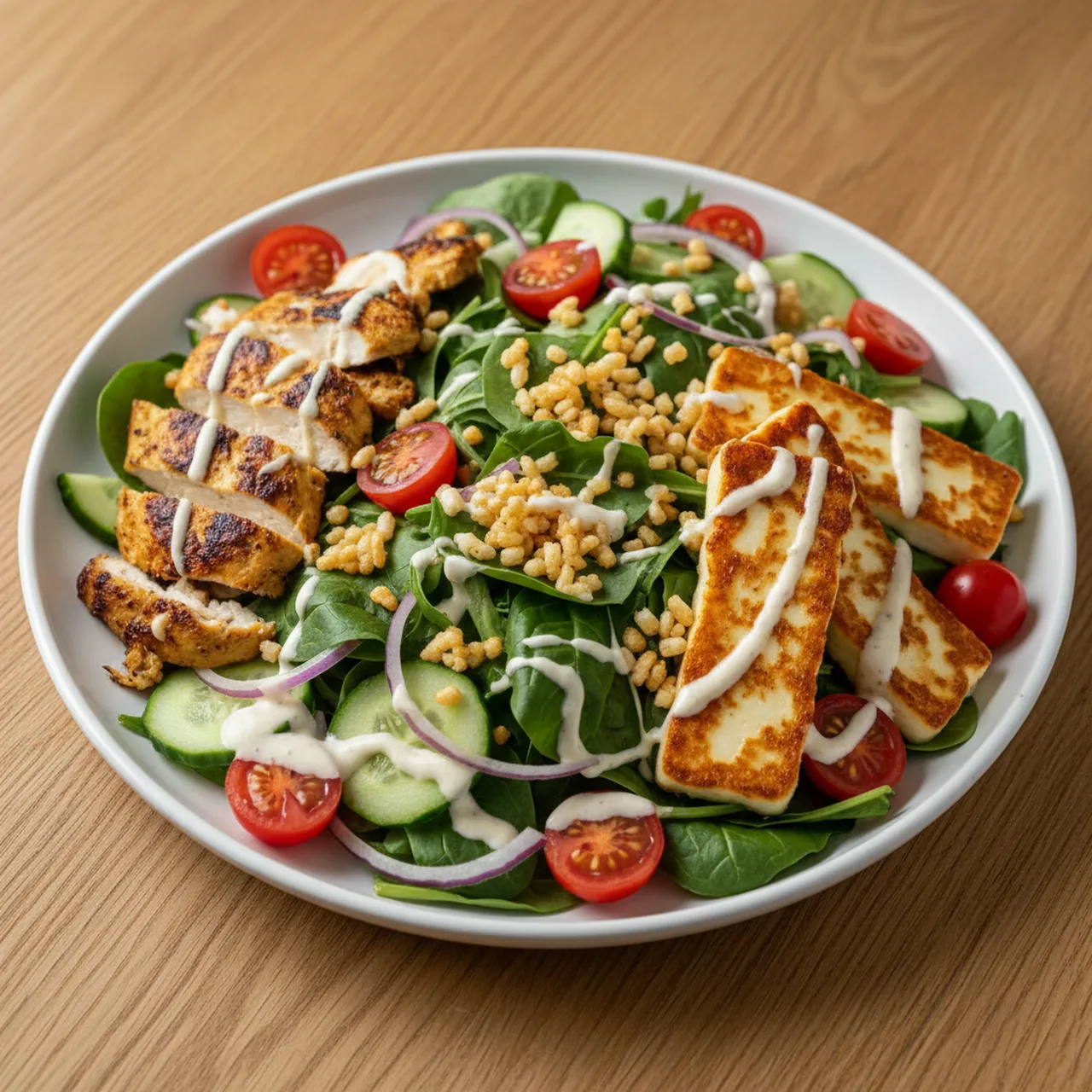 Crispy Chicken Shawarma Salad with Halloumi
