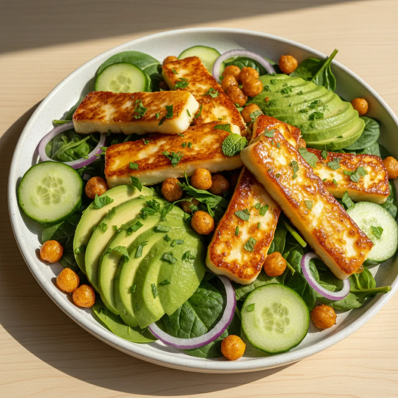 Crunchy Roasted Chickpeas & Hot Honey Halloumi Salad