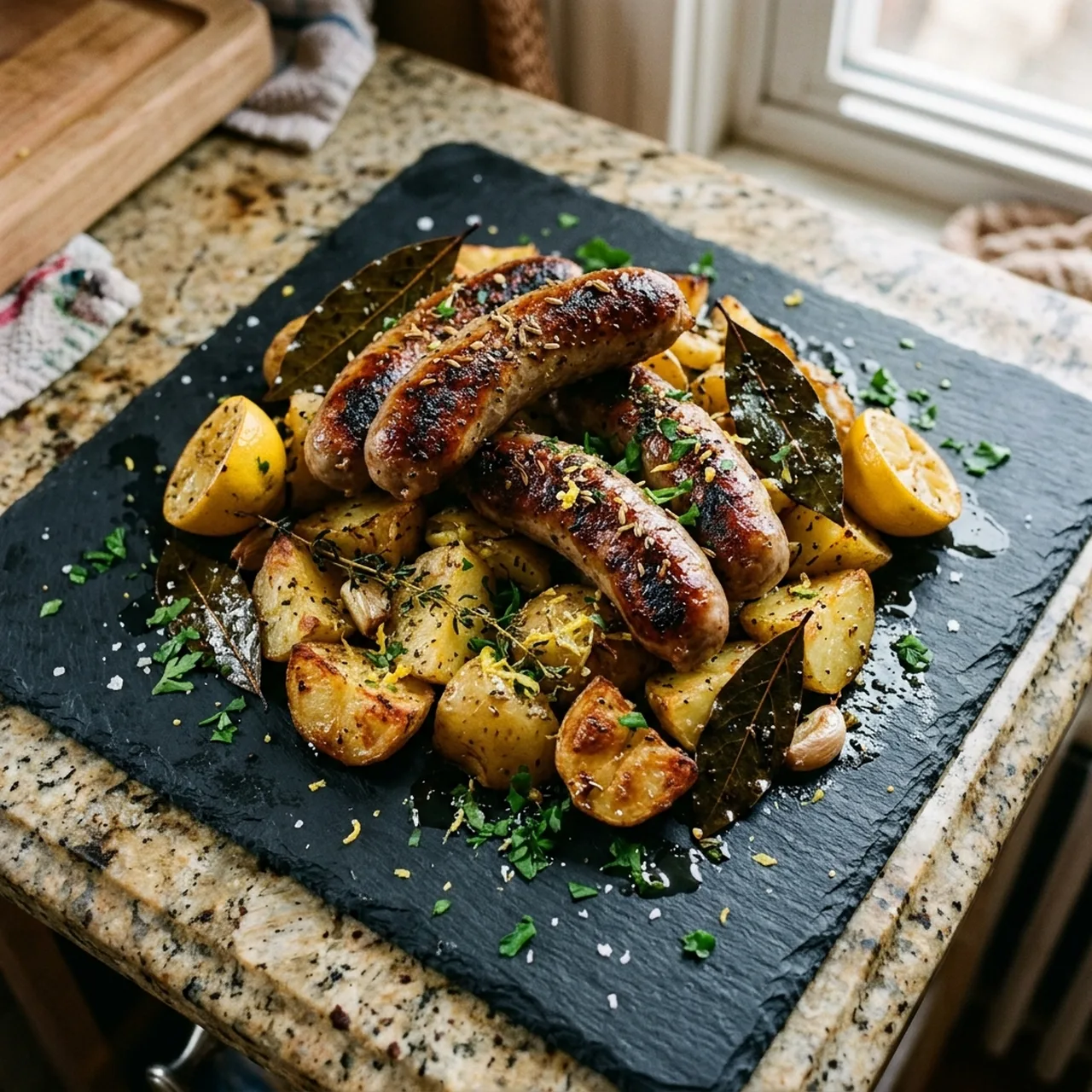 Fennel Sausages Braised with Lemony Potatoes and Bay Leaves