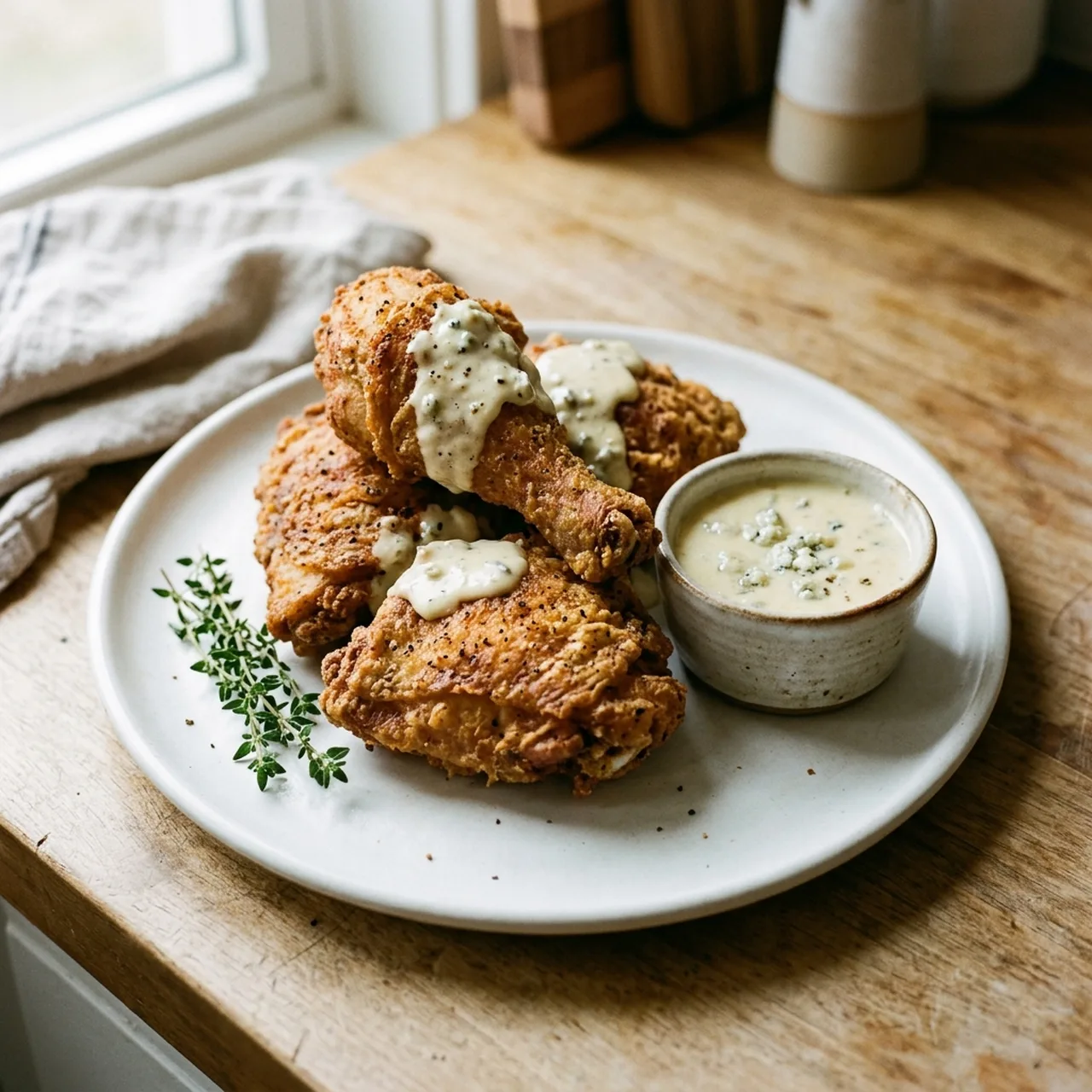 Fried Chicken with Warm Blue Cheese Sauce