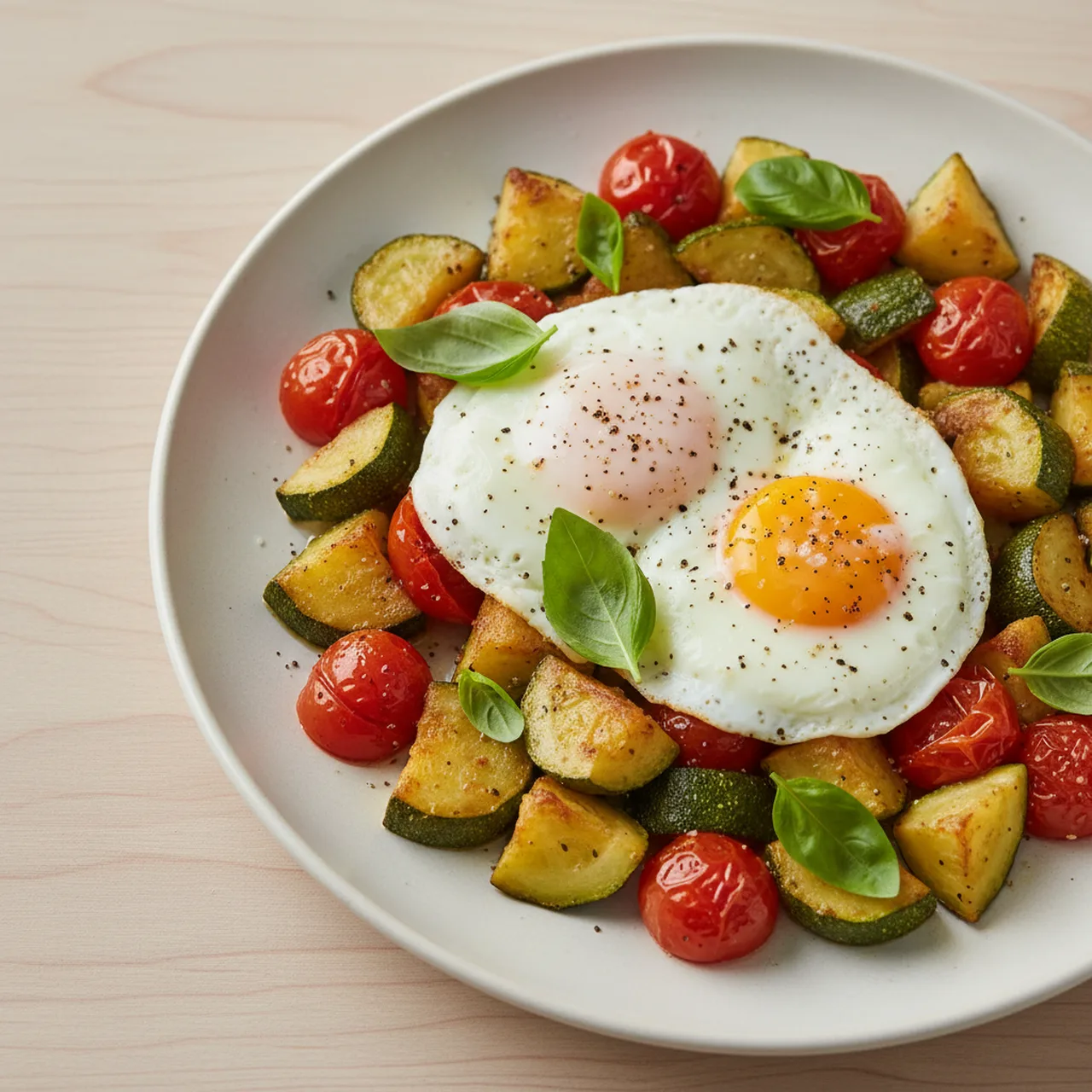Fried Courgette and Tomatoes with  Summer Eggs
