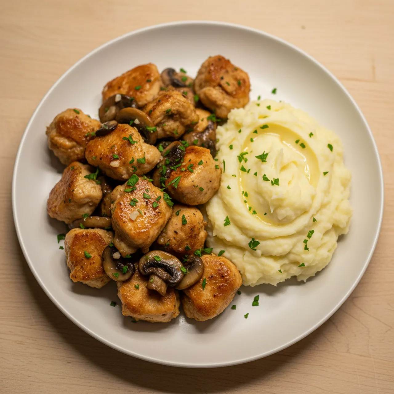 Garlic Mushroom Chicken Bites with Mashed Potatoes