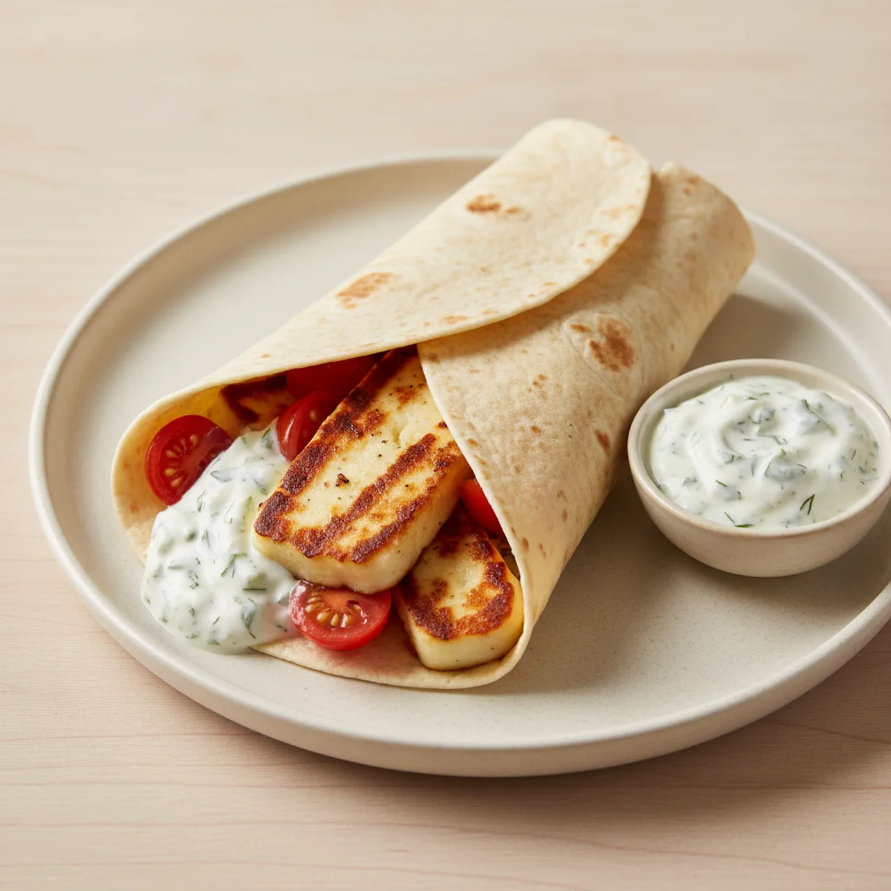 Grilled Halloumi Wrap with Cherry Tomatoes and Homemade Tzatziki