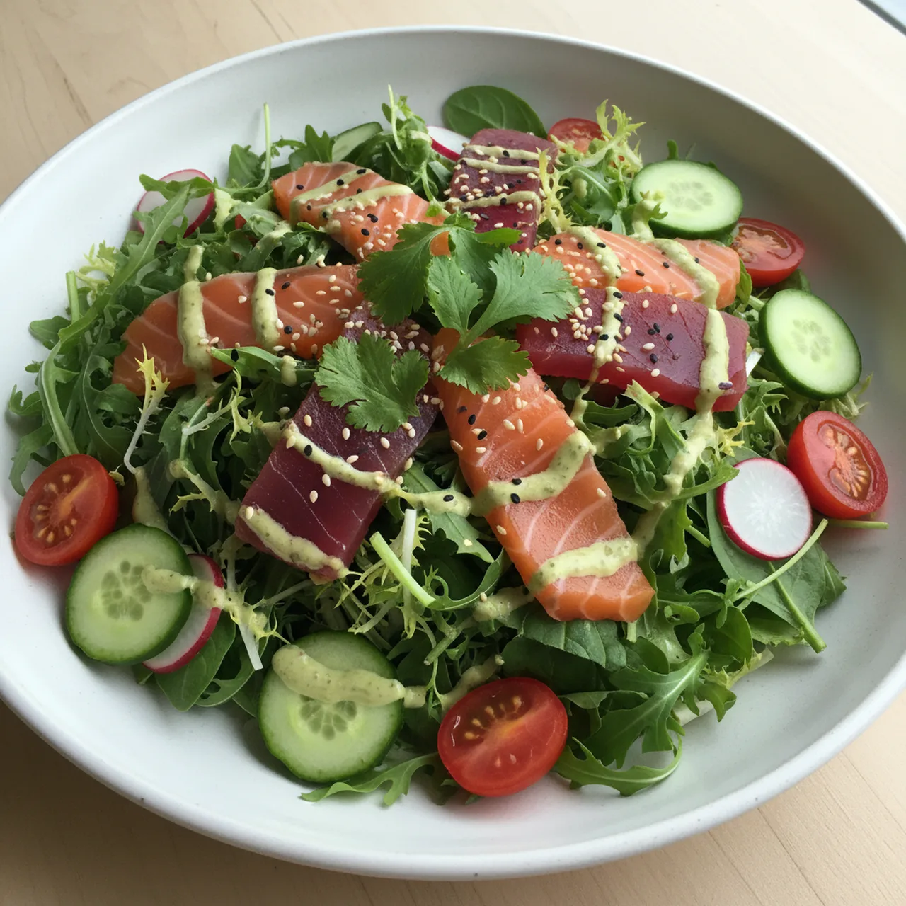 Japanese Sashimi Salad with Miso and Avocado Dressing