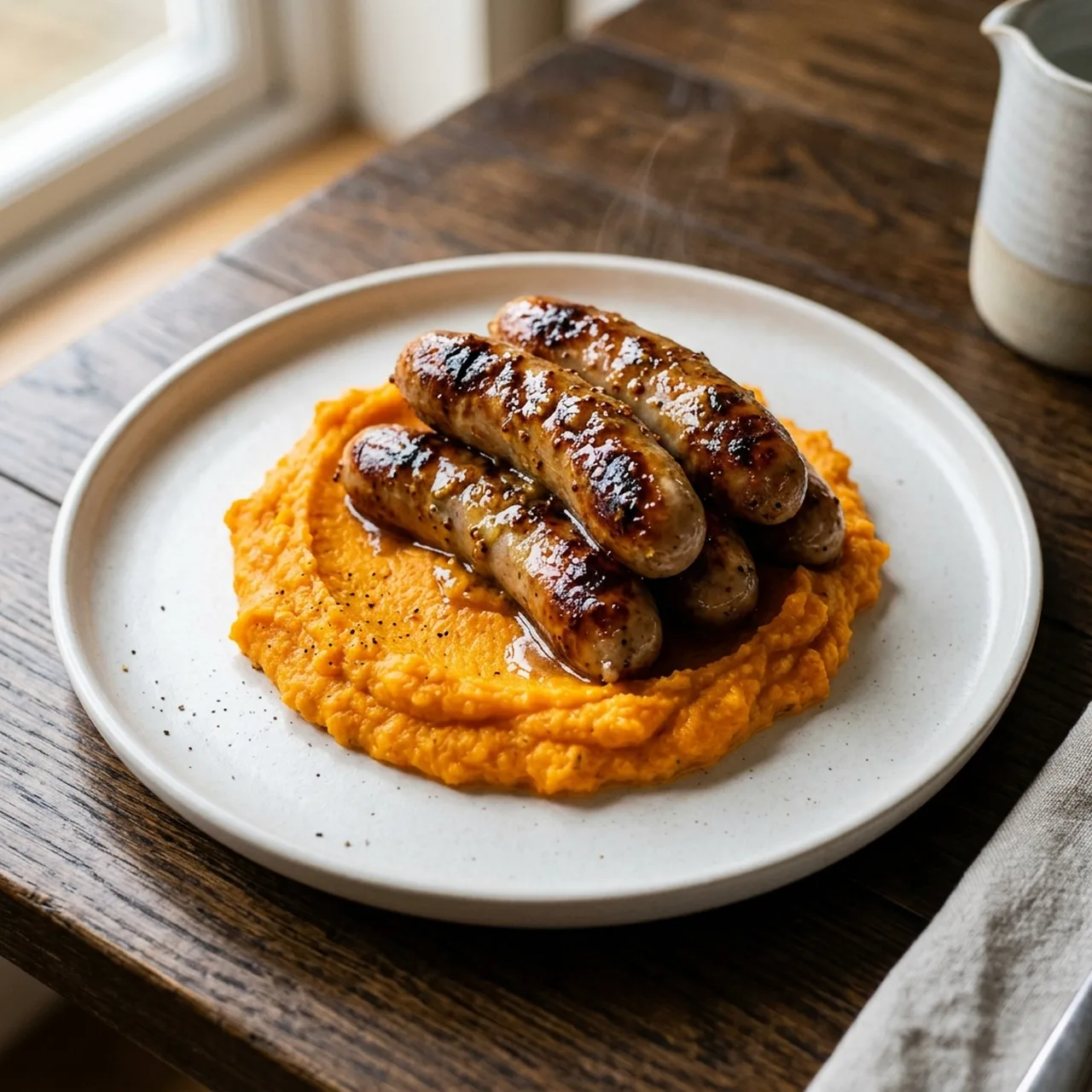 Mustard and Lemon Sausages with Carrot Mash