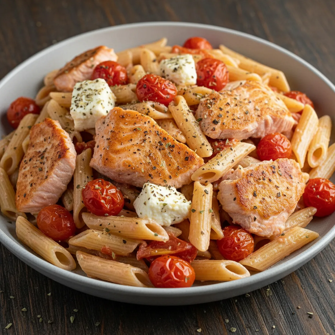 Oven-Roasted Salmon Feta Pasta