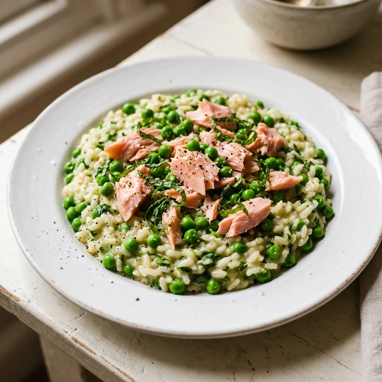 Pea and Mint Risotto with Flaked Salmon