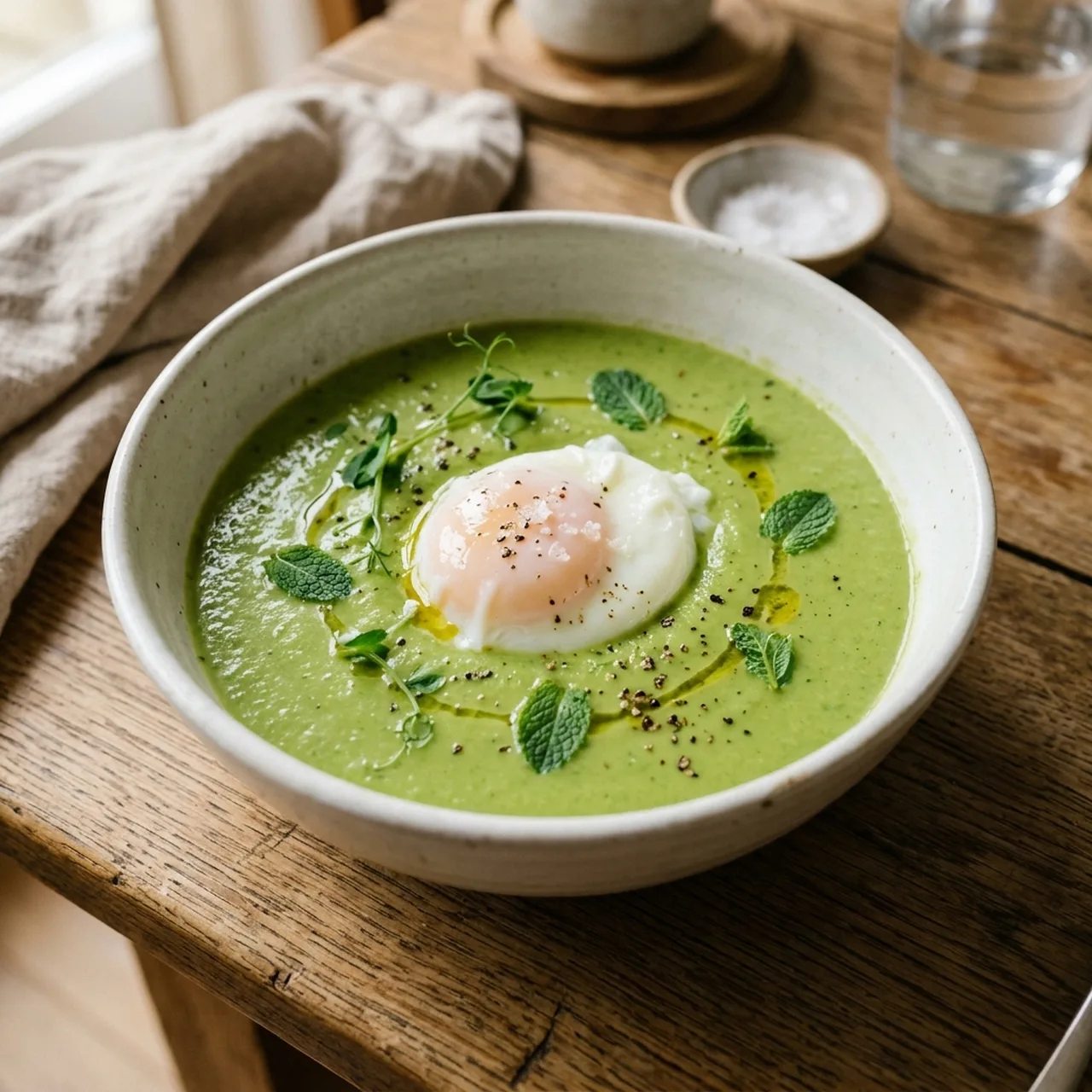 Pea and Mint Soup with Soft Poached Egg