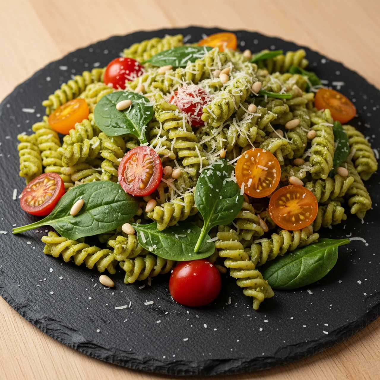 Pesto Pasta with Cherry Tomatoes and Spinach
