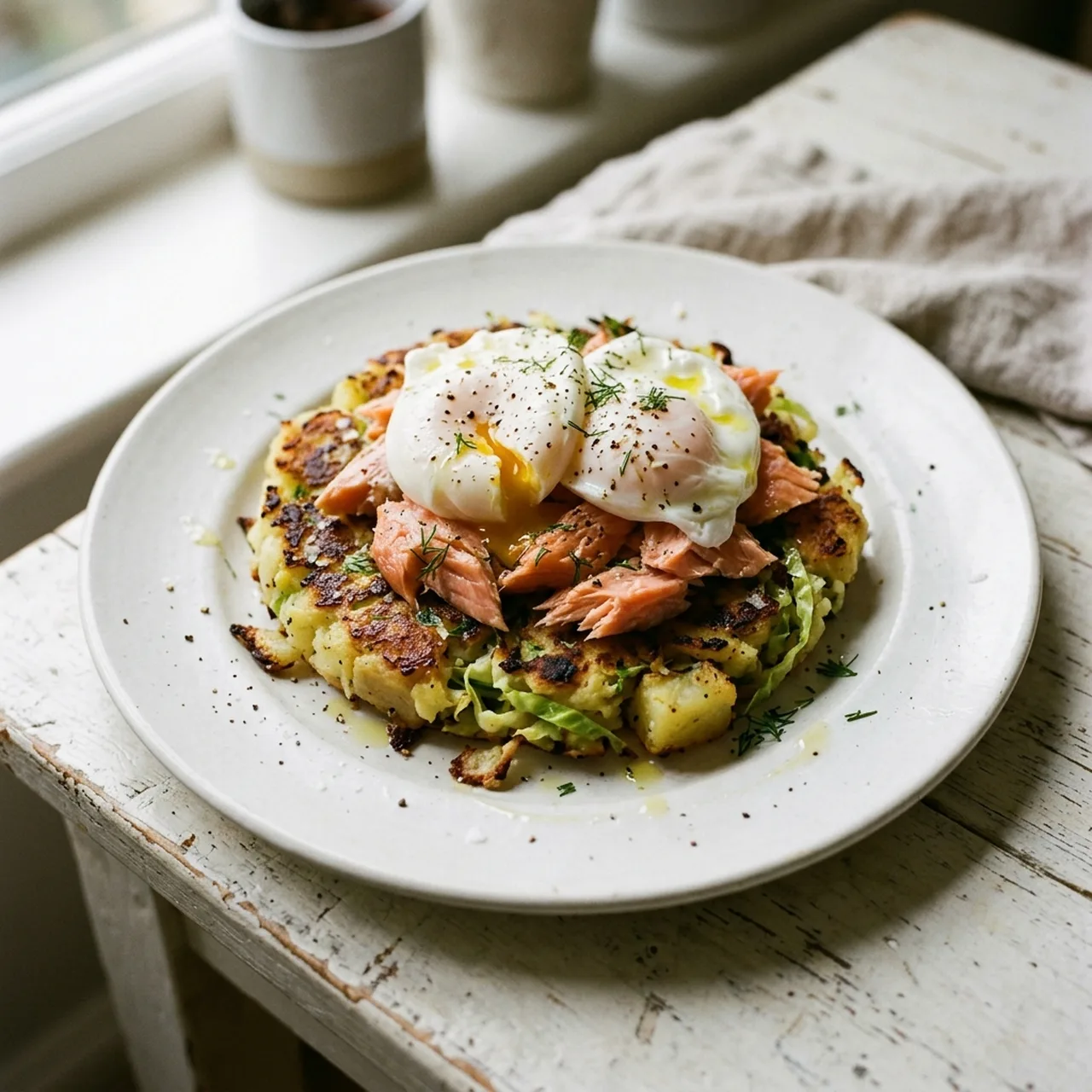 Poached Eggs with Smoked Salmon and Bubble & Squeak