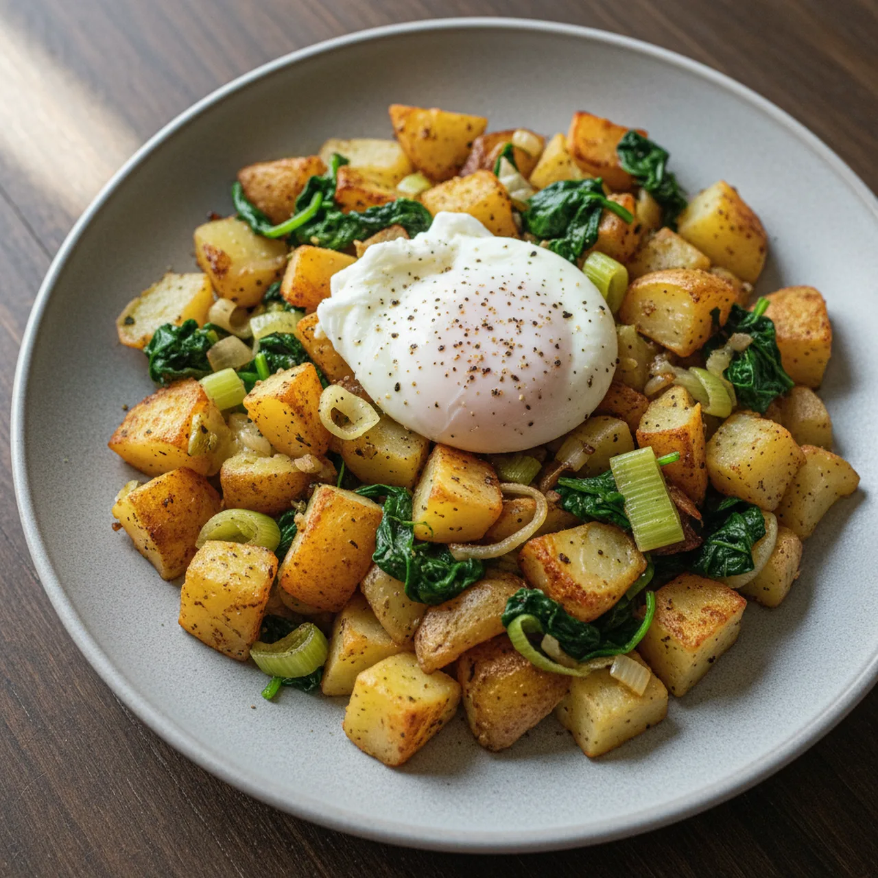 Potato, Leek and Spinach Hash with Poached Egg