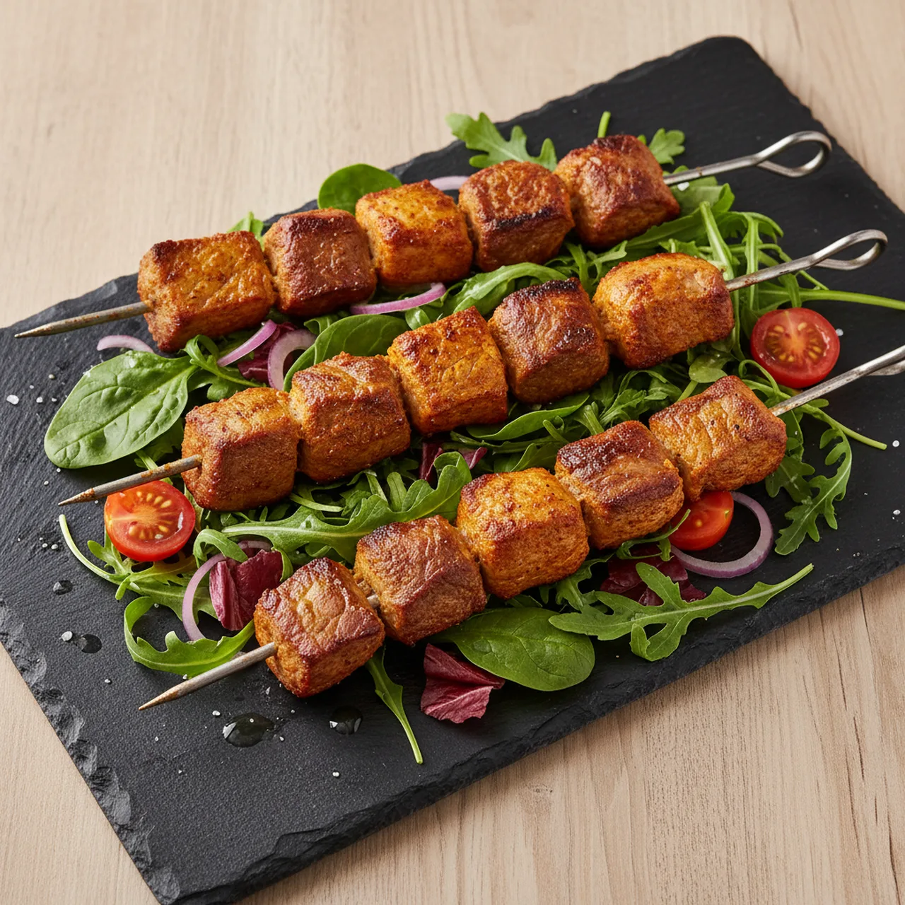 Smoked Paprika Beef Skewers with Leaf Salad