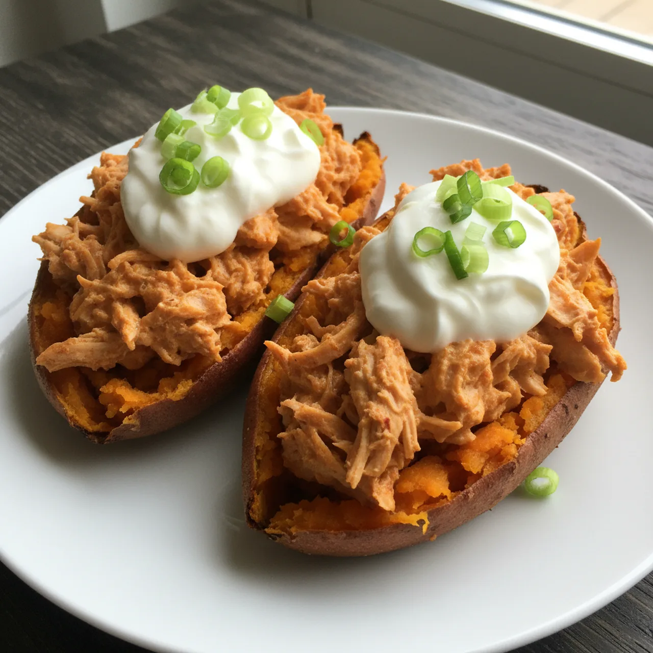 Spicy Chicken Sweet Potato Boats with Greek Yogurt