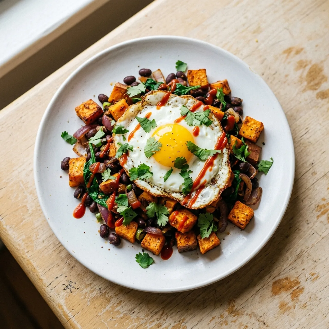 Sweet Potato and Black Bean Hash with Fried Eggs