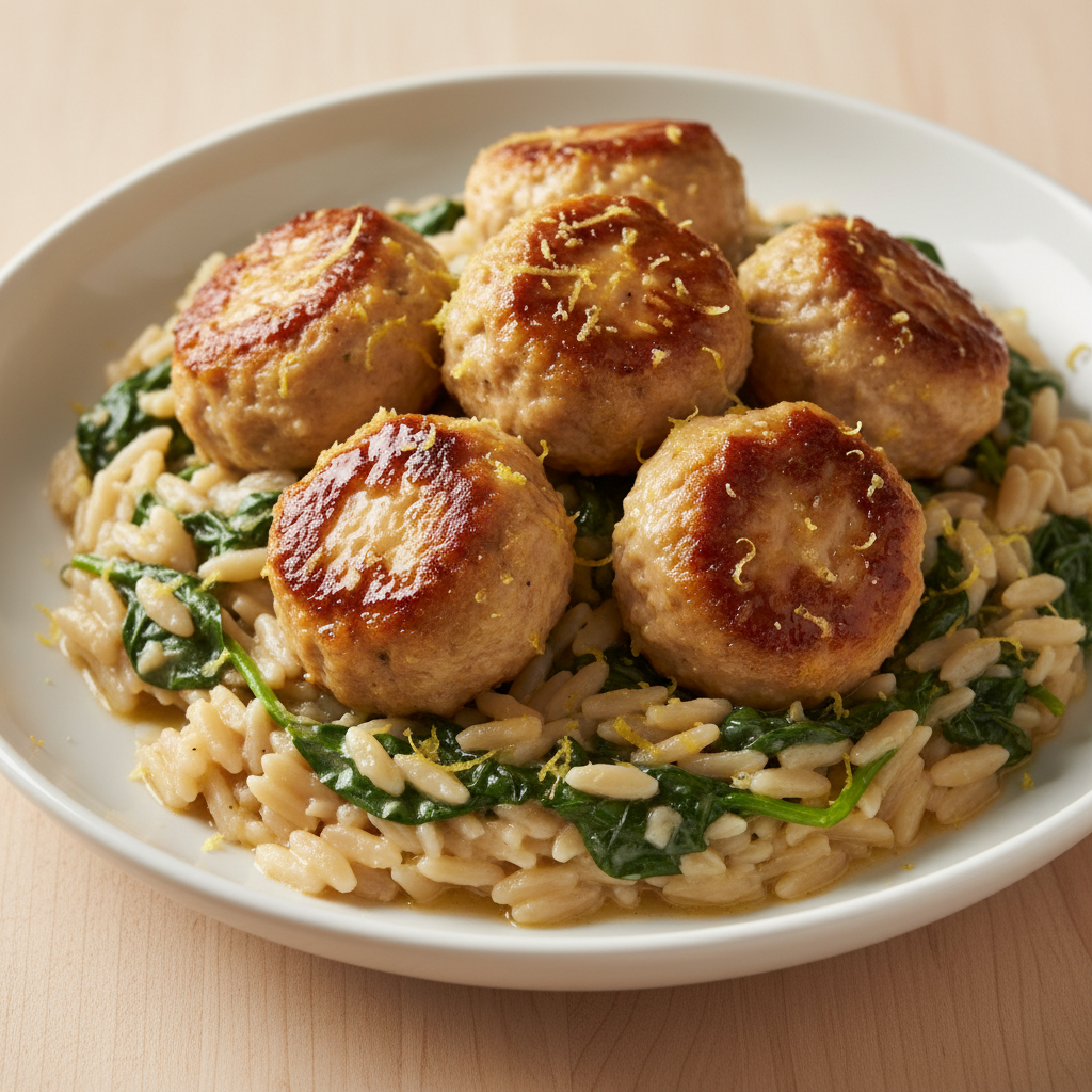 Baked Lemon Butter Chicken Meatballs with Creamy Spinach Orzo