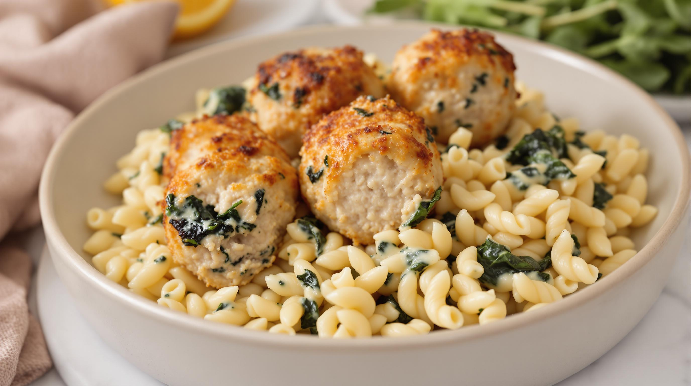 Baked Lemon Butter Chicken Meatballs with Creamy Spinach Orzo