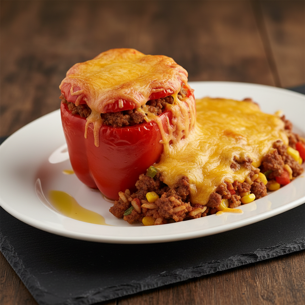 Cheesy Ground Beef and Stuffed Pepper Casserole
