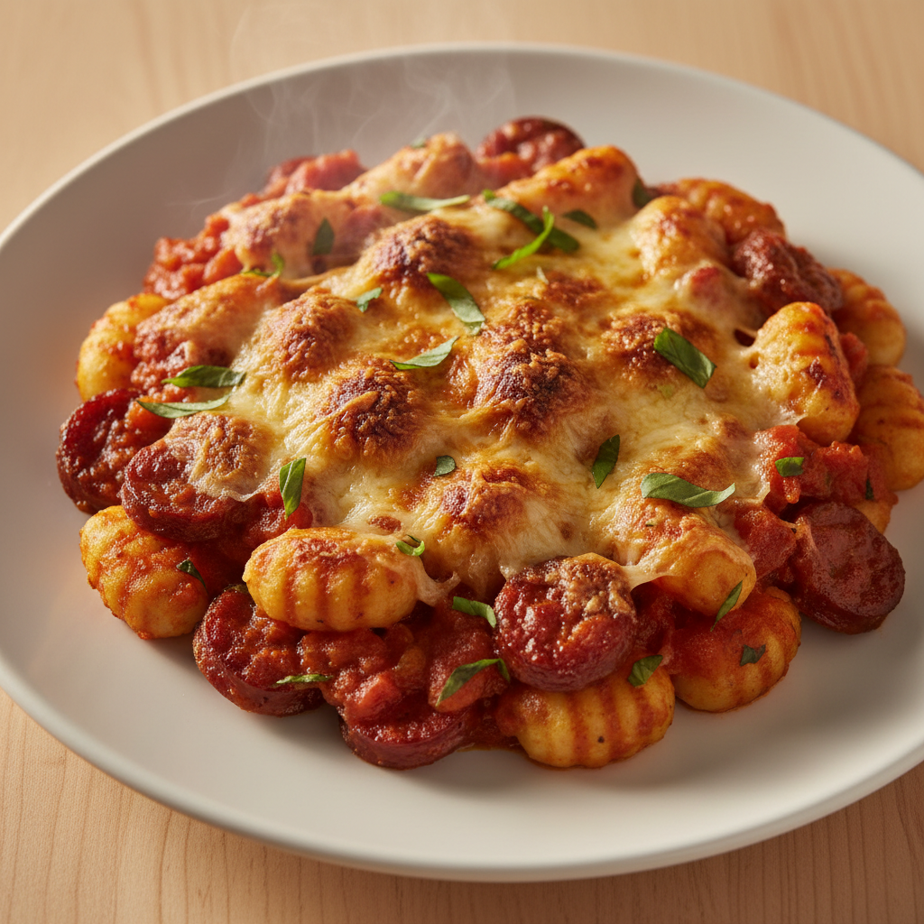 Chorizo and Mozzarella Gnocchi Bake