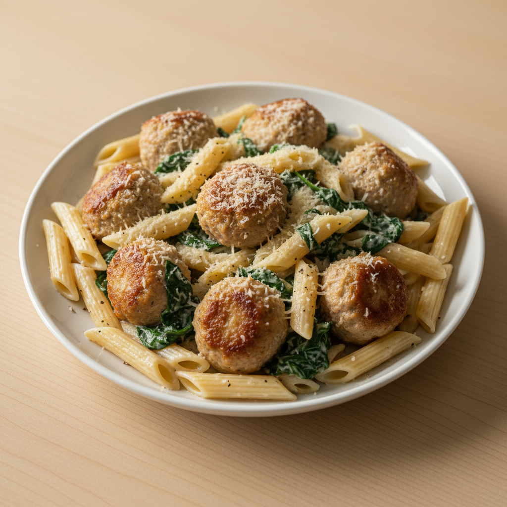 Creamy Spinach Meatballs and Penne