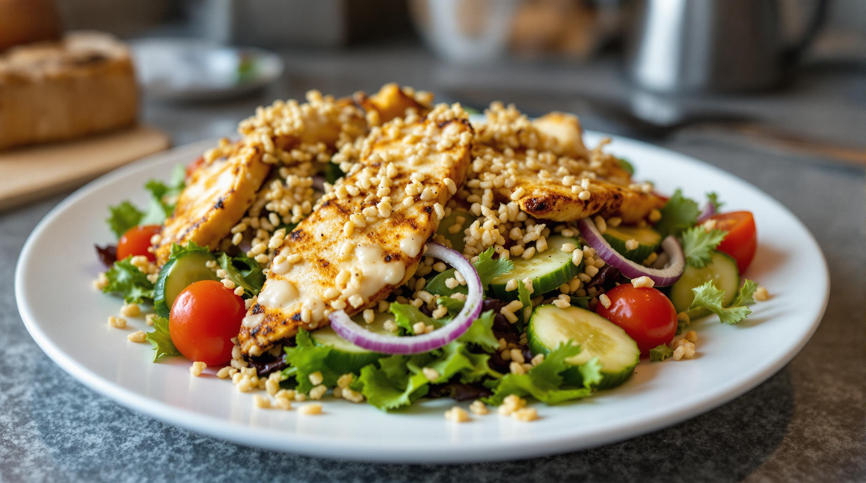 Crispy Chicken Shawarma Salad with Halloumi