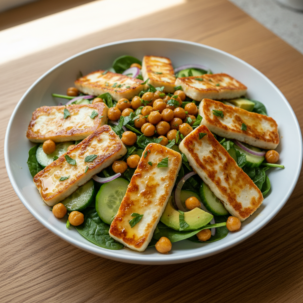 Crunchy Roasted Chickpeas & Hot Honey Halloumi Salad