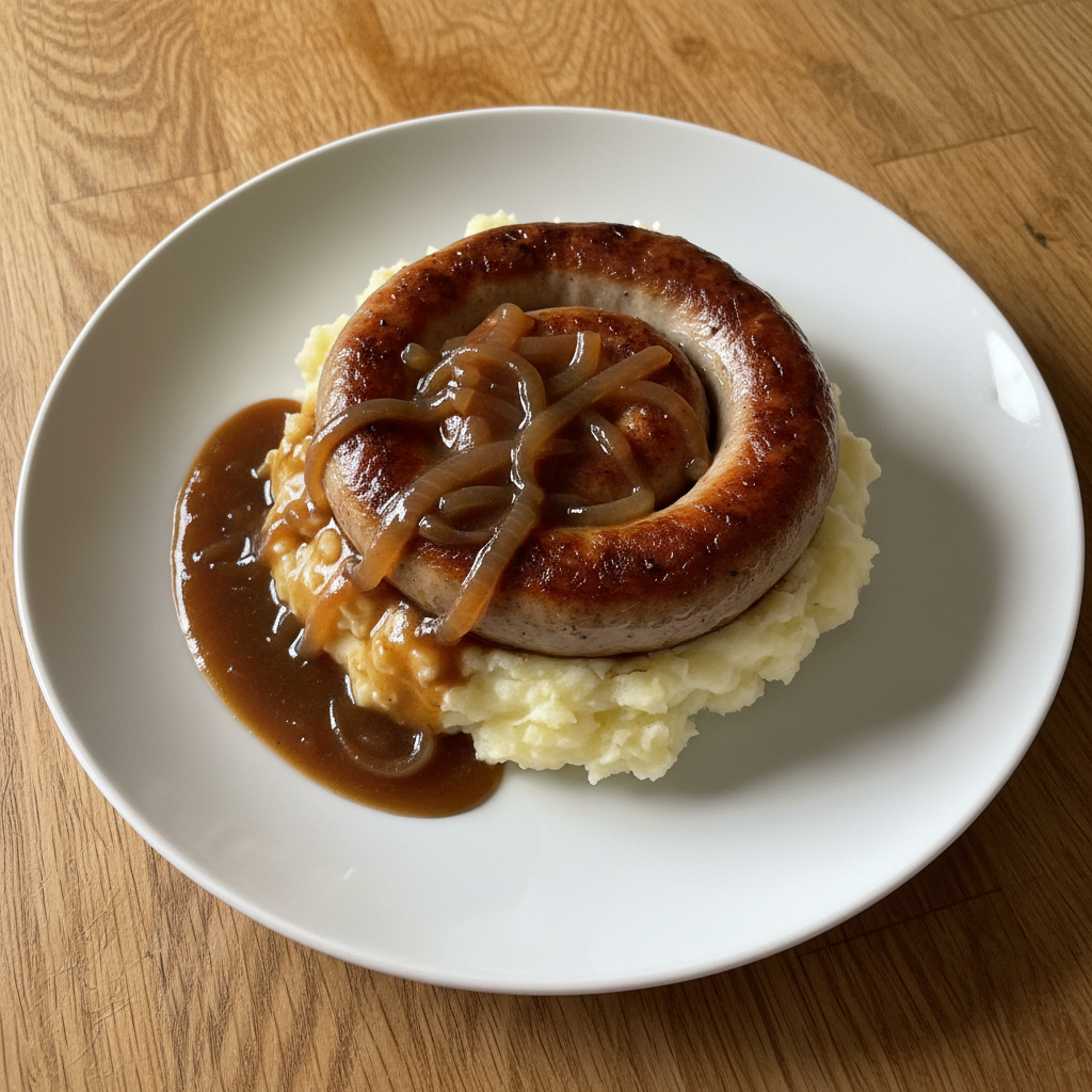 Cumberland Sausage with Mash and Onion Gravy