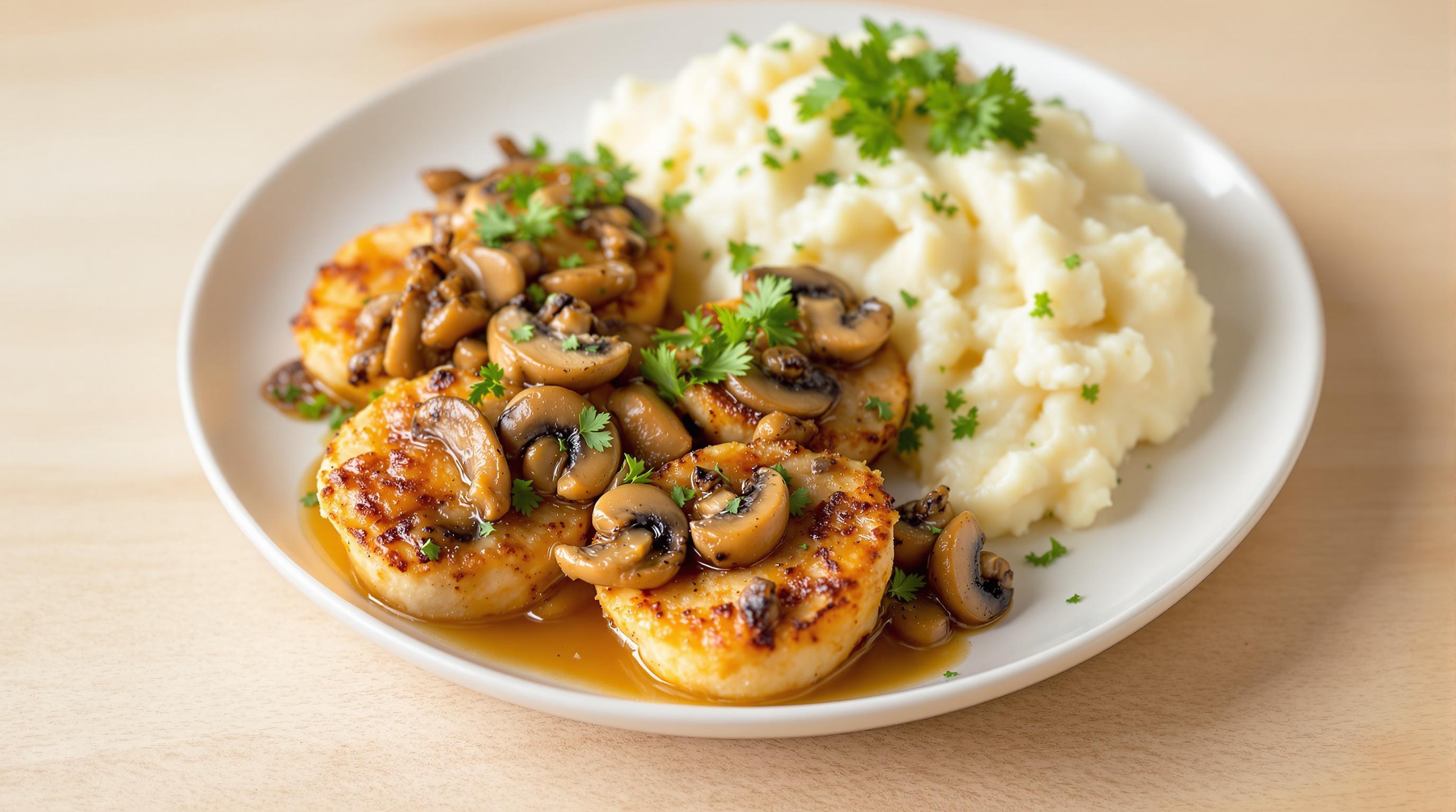 Garlic Mushroom Chicken Bites with Mashed Potatoes