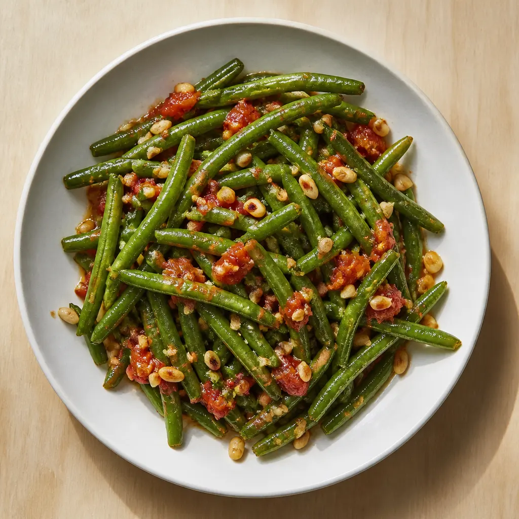 Green Beans with Tomato, Garlic, and Pine Nuts