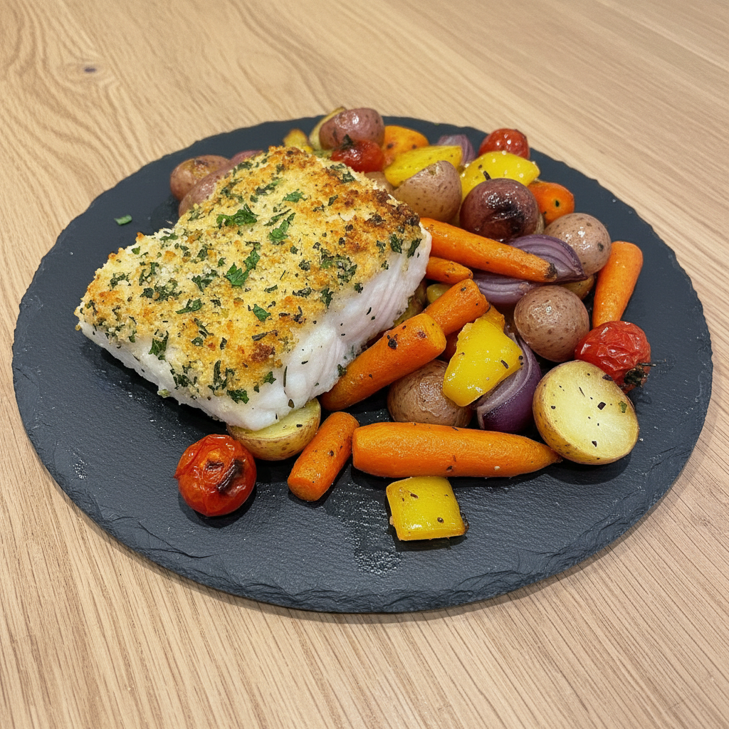 Herb-Crusted Cod with Roasted Vegetables