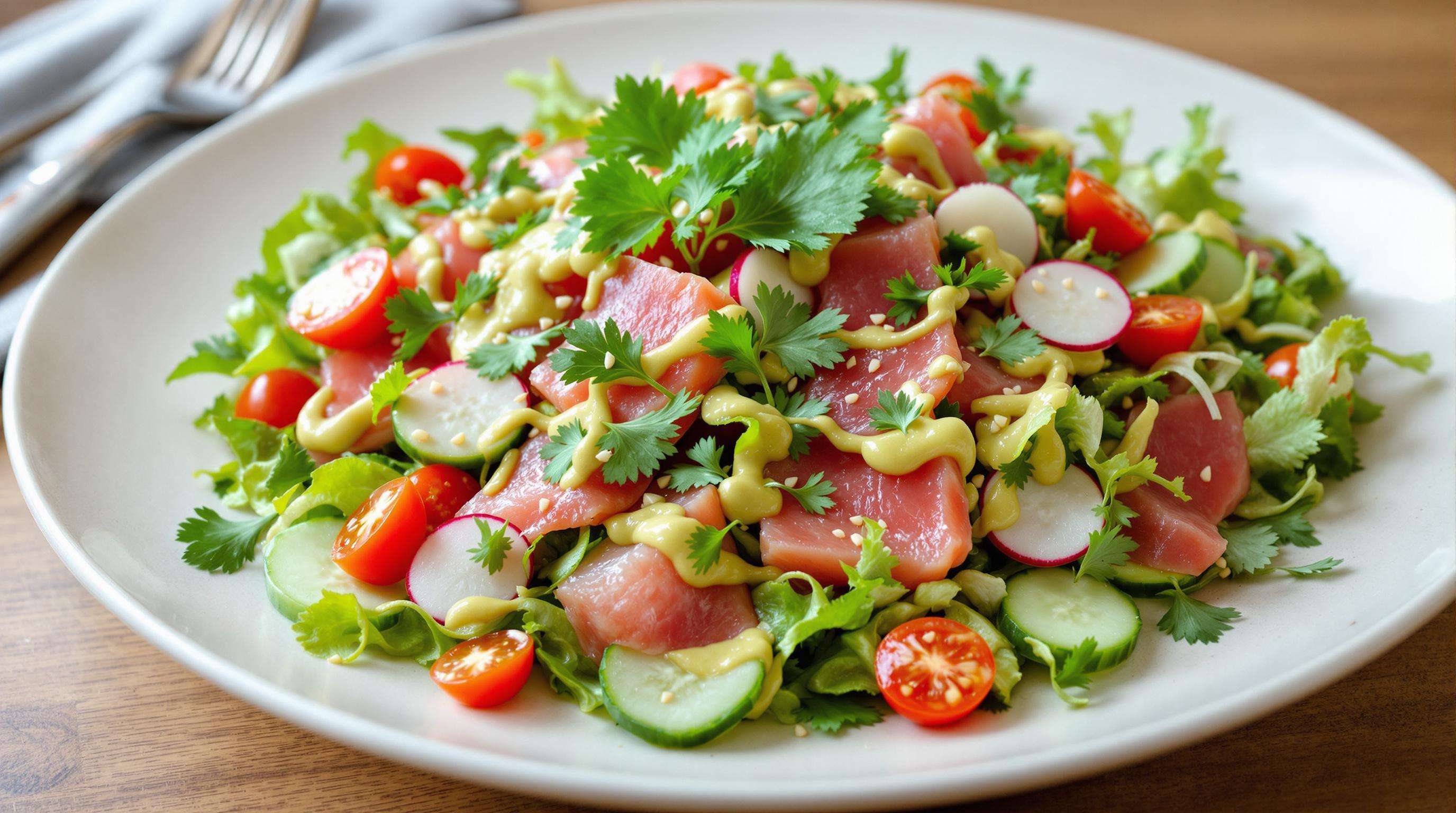 Japanese Sashimi Salad with Miso and Avocado Dressing