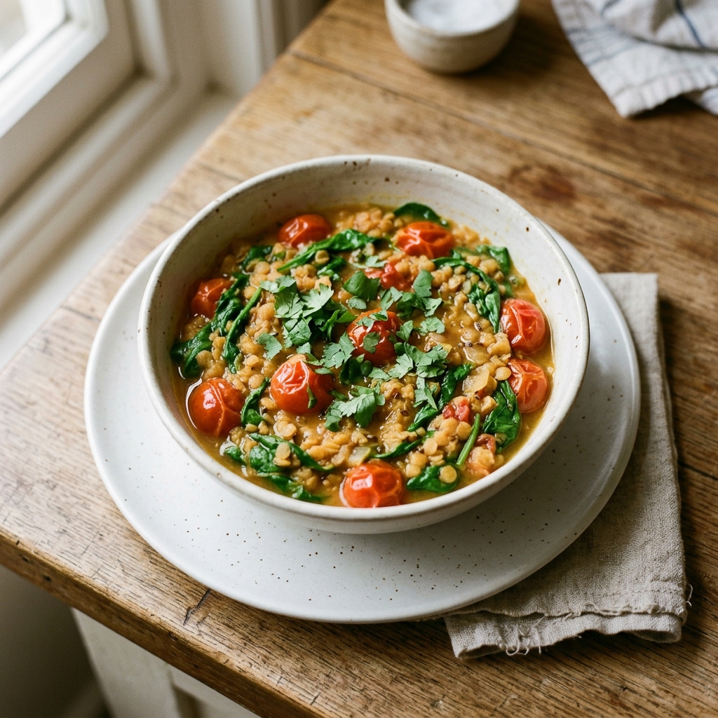 Lighter Spinach and Cherry Tomato Dal