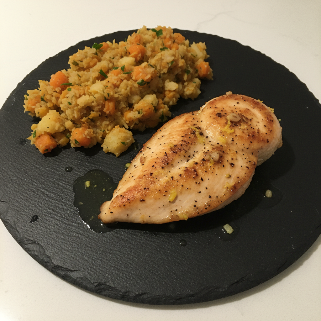 Pan-Fried Lemon Garlic Chicken with Veggie Mash