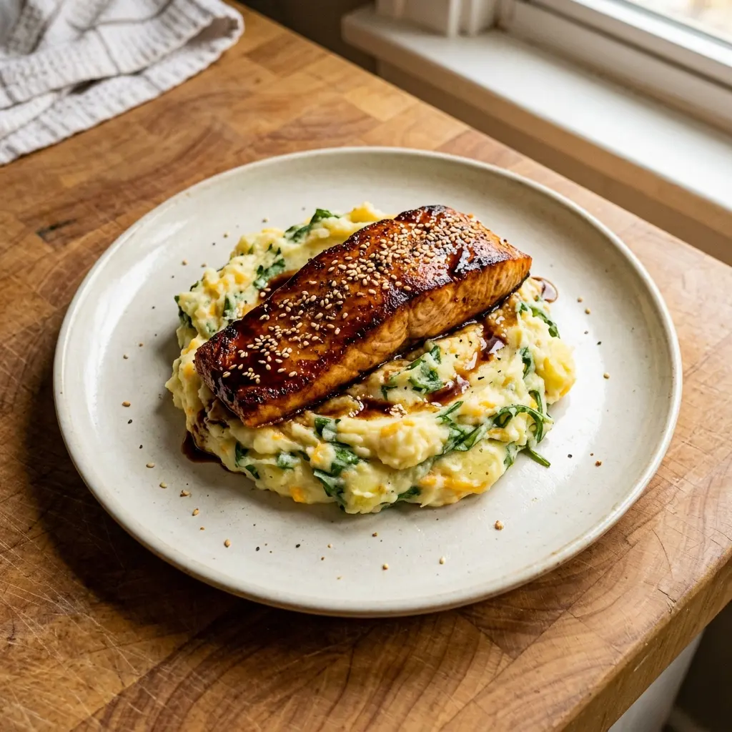Pan-fried Balsamic and Honey Glazed Salmon with Cheese and Rocket Mash