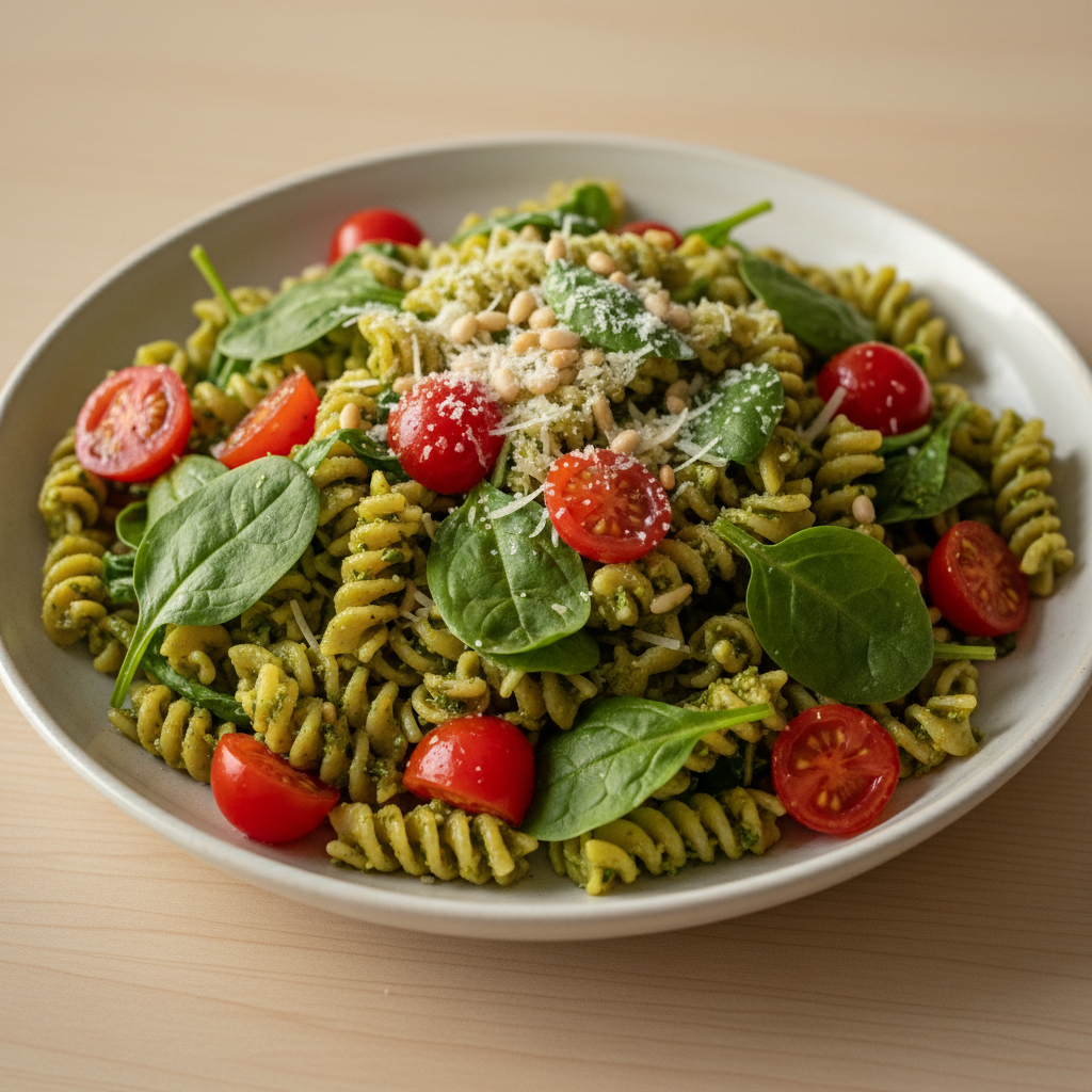 Pesto Pasta with Cherry Tomatoes and Spinach