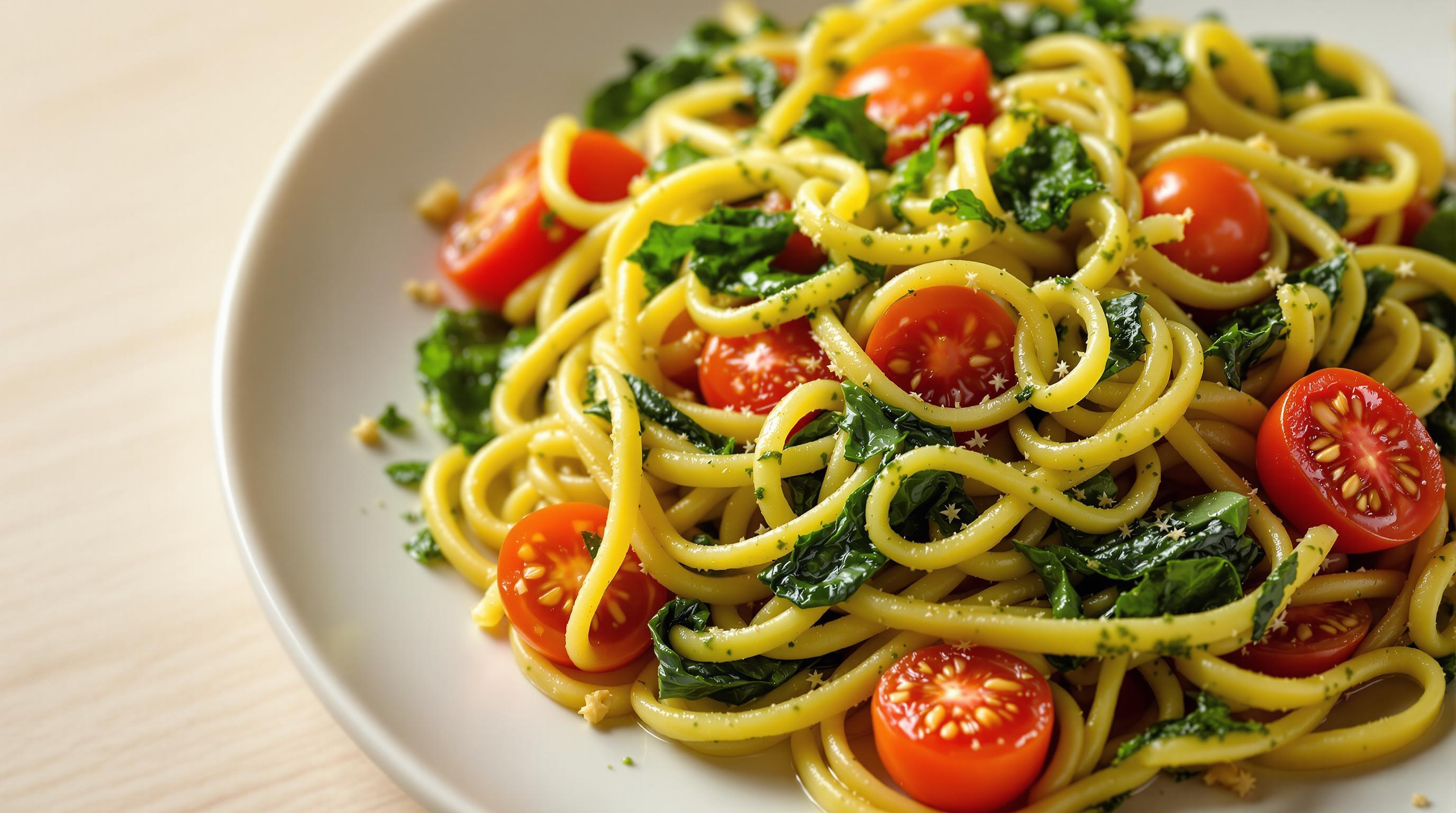 Pesto Pasta with Cherry Tomatoes and Spinach