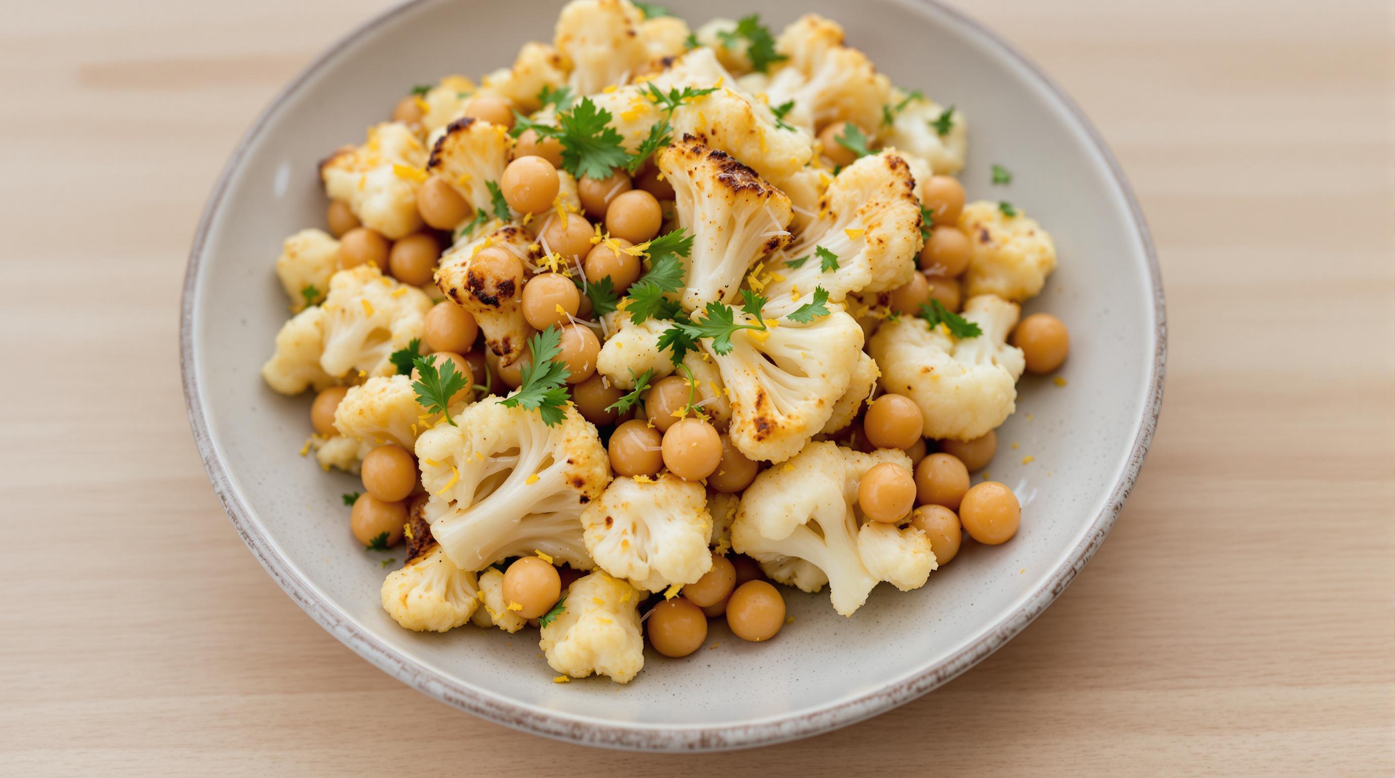 Roasted Cauliflower and Chickpeas with Garlic Parmesan Zest