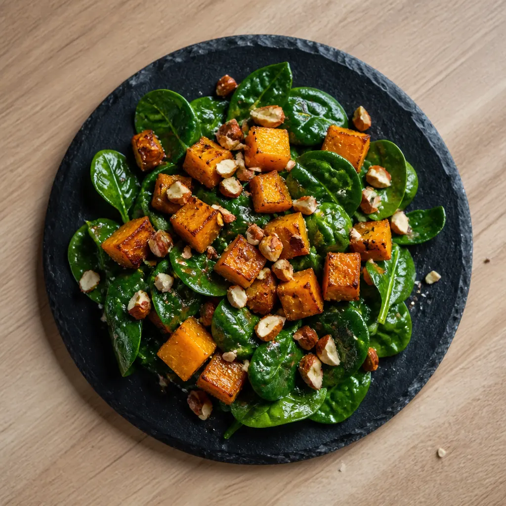 Squash and Spinach Salad with Almond Dressing