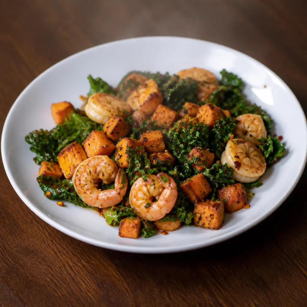 Sweet Potato, Kale, and Prawn Frying Pan