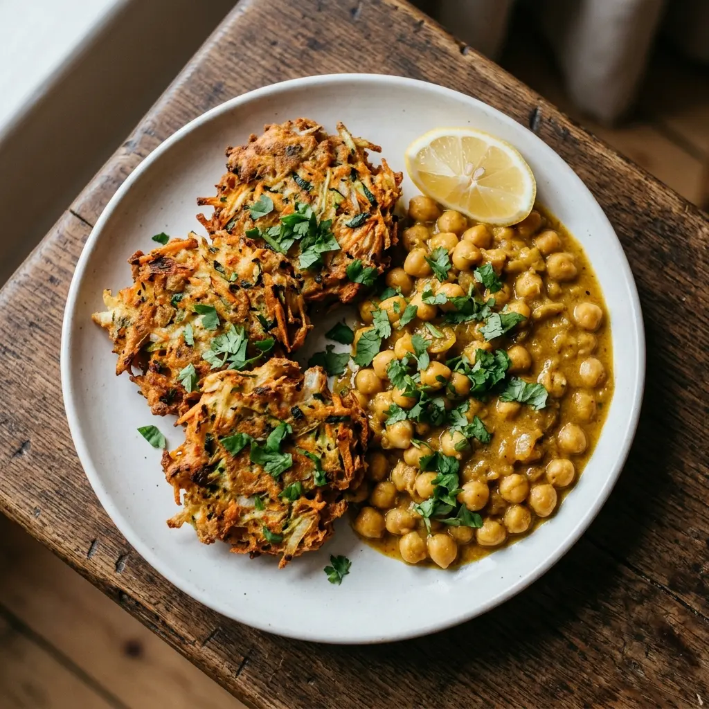 Vegetable Fritters with Spiced Coconut Chickpeas