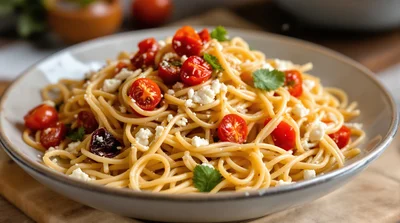 Caramelized Onion and Sun-Dried Tomato Feta Pasta