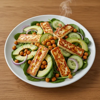 Crunchy Roasted Chickpeas & Hot Honey Halloumi Salad
